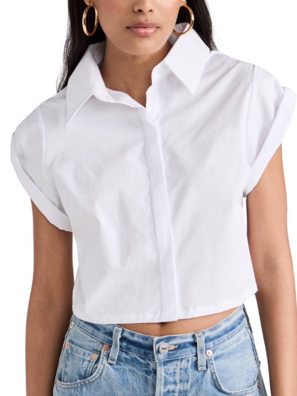 HEVRON EMMA TOP - Cropped White Button-Front Shirt - S